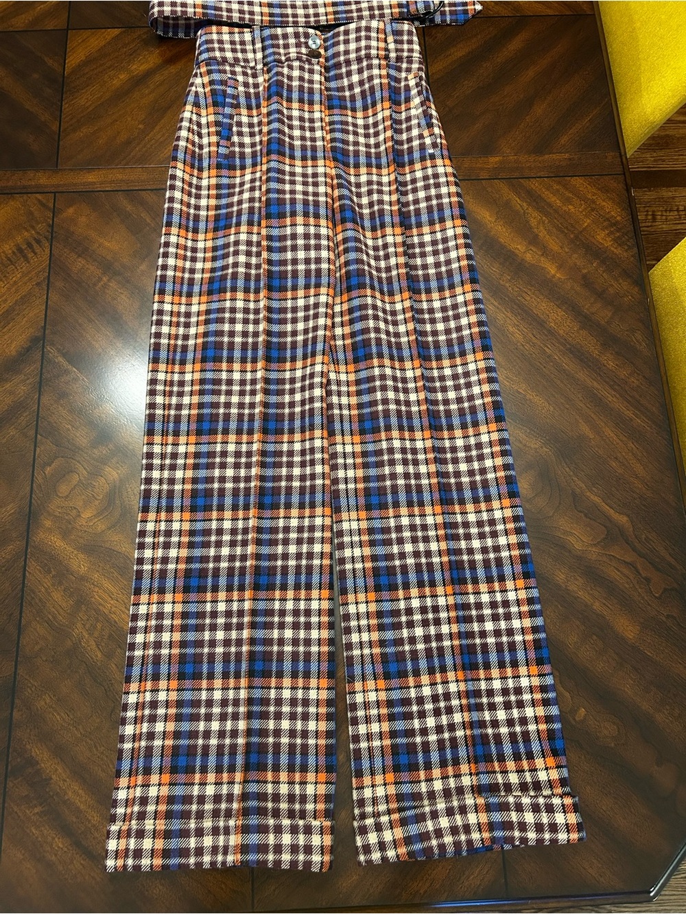 Sézane Lukas Plaid Wide-Leg Women’s pants in Blue, Brown & Cream